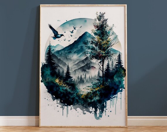 Nature Wall Art Print Boho Housewarming Gift Circular Natural Watercolour Painting Mountain Range Wilderness Blue Dark Living Room Decor