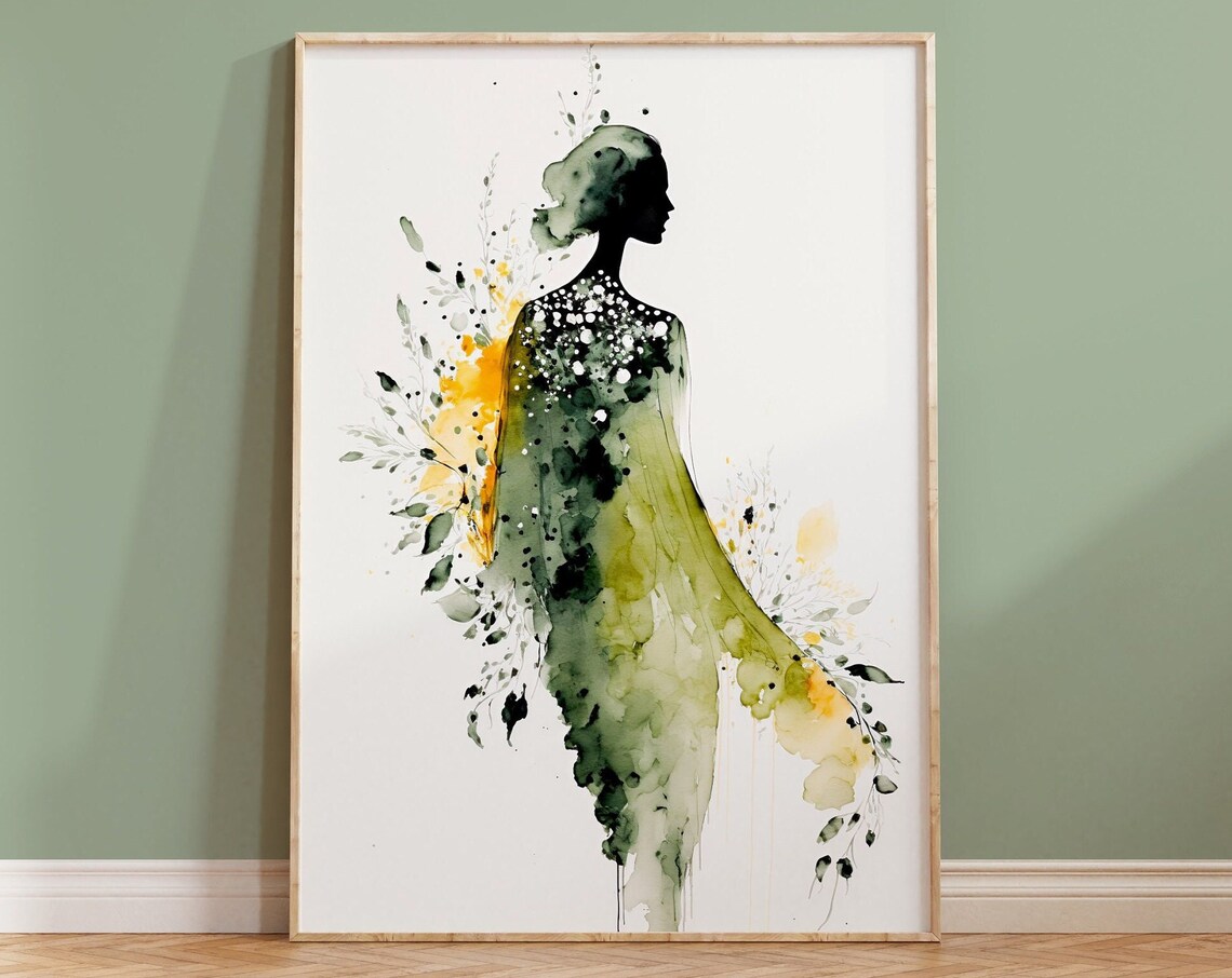 Watercolor Woman Silhouette Green Gold Floral Splash Art Print