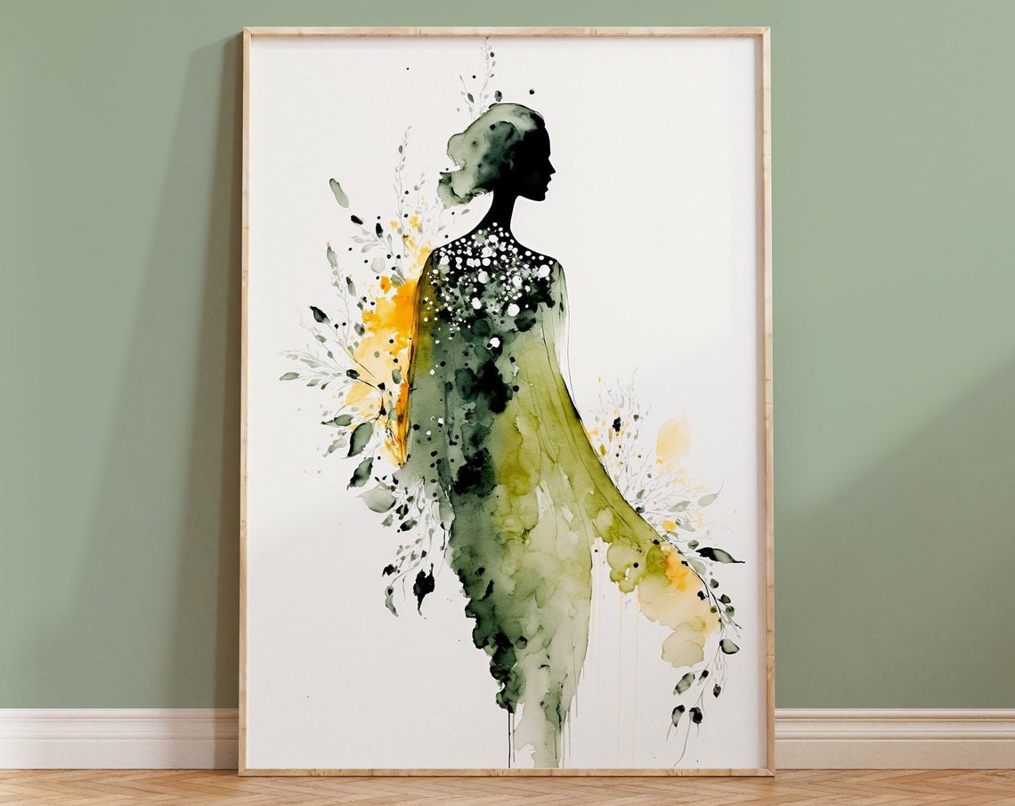 Watercolour Female Wall Art Print Green Yellow Floral Home Decor Silhouette Boho Elegant Flowers Abstract Simple Woman Girl Dress Beauty