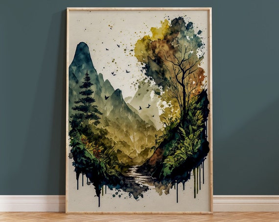 Nature Wall Art Print Mountain Trail Housewarming Gift Original Artwork Natural Watercolour Boho Green Painting Trees Dripping Home Decor