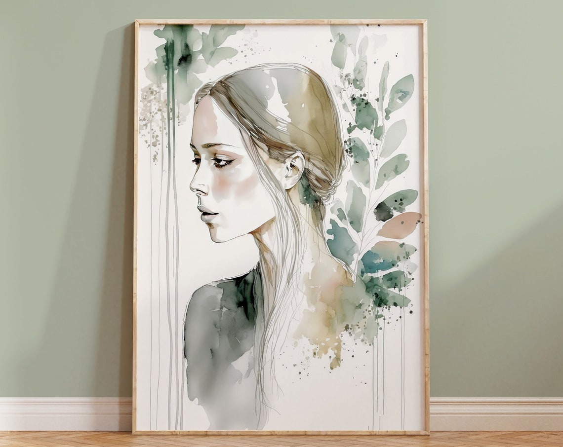 Watercolor Woman Profile Botanical Green Minimalist Art Poster