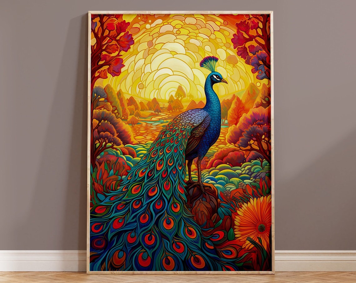 Peacock In Vibrant Sunset Mosaic Colorful Garden Scene Poster