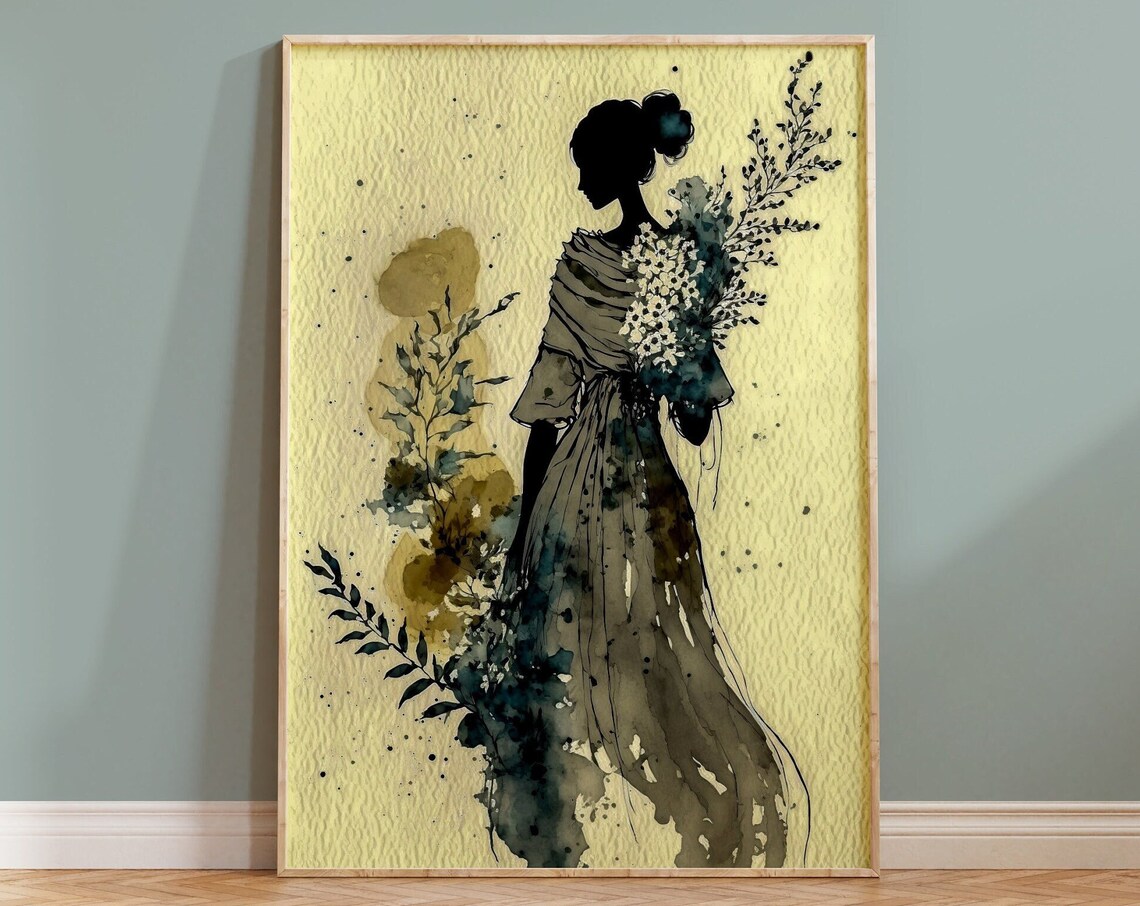 Silhouette Woman Flower Bouquet Elegant Black Gold Figure Art Print