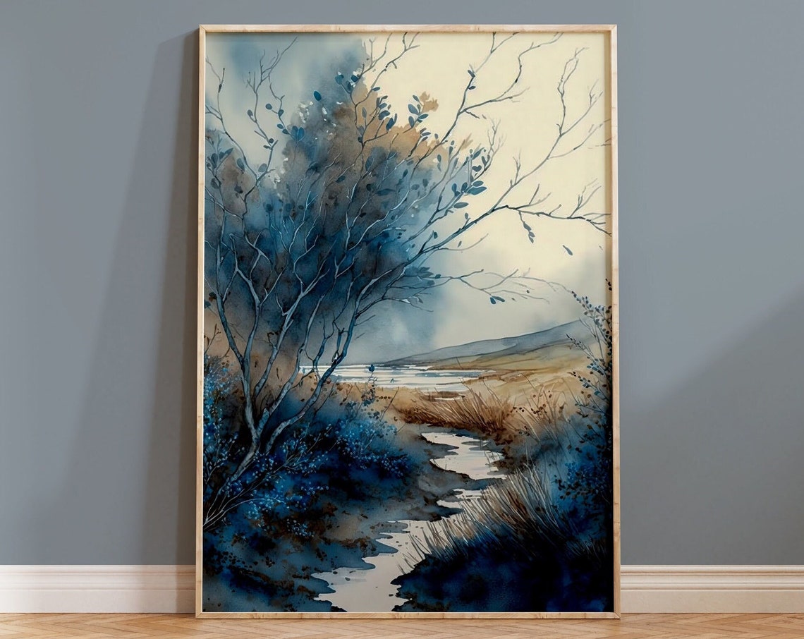 Moody Blue Marsh Bare Branches Misty Watercolour Nature Poster