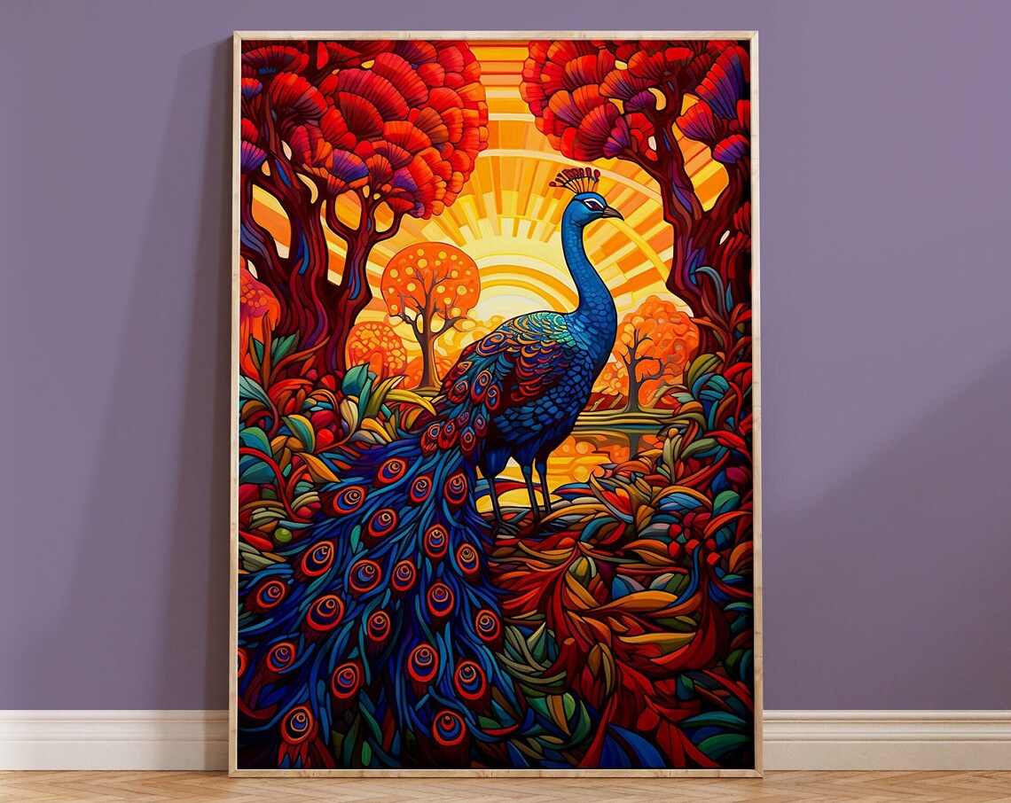Peacock Autumn Trees Golden Sunset Stained Glass Bird Art Poster