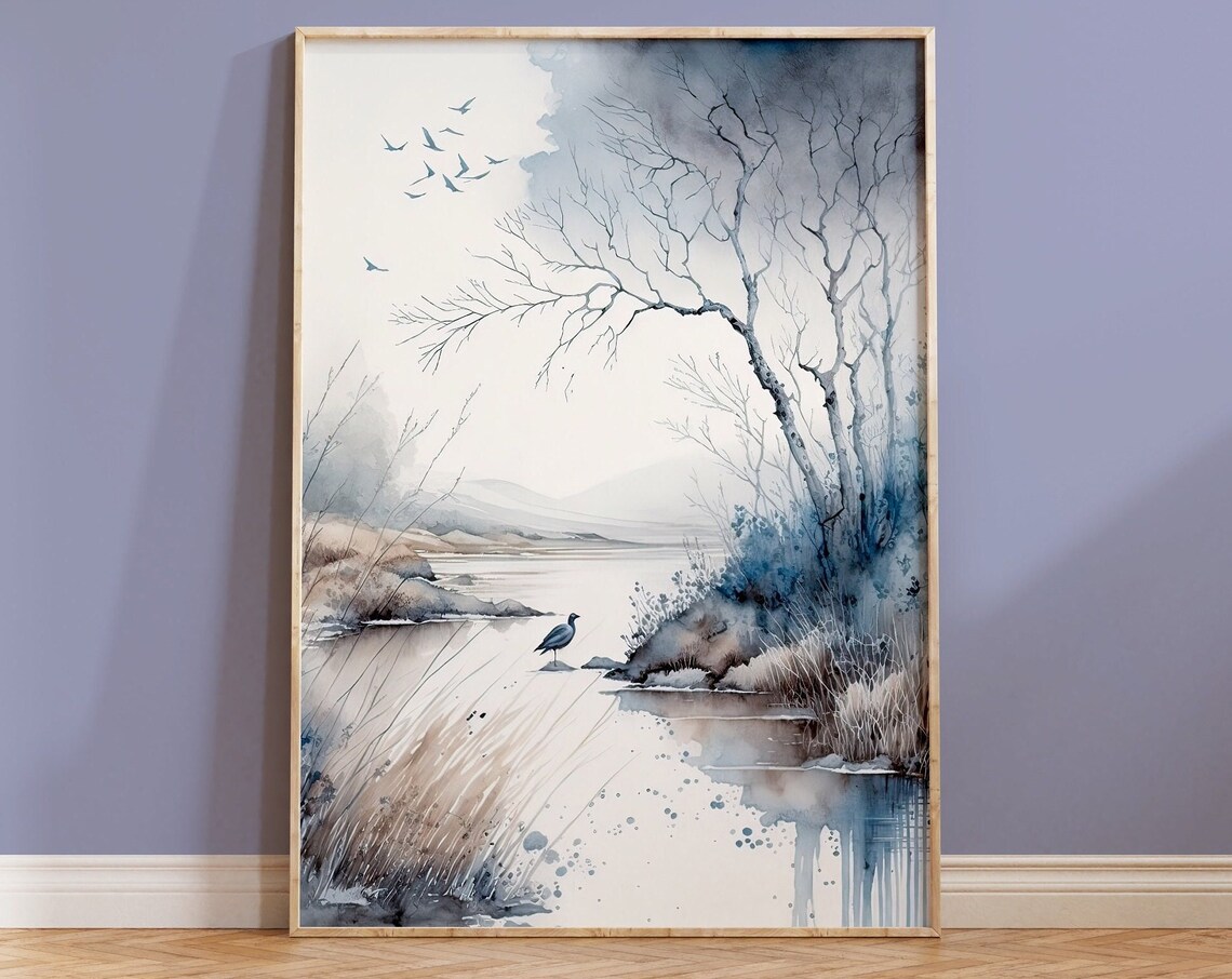 Peaceful Blue Lake Bird Misty Watercolor Nature Reserve Poster