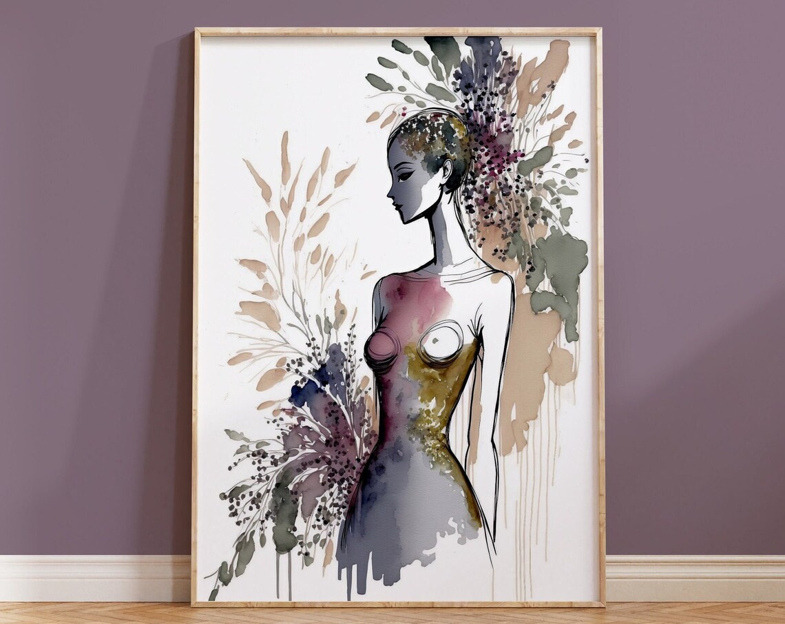 Female Wall Art Print Natural Beauty Boho Housewarming Gift For Her Beautiful Woman Watercolour Floral Living Room Decor Flowers Painting