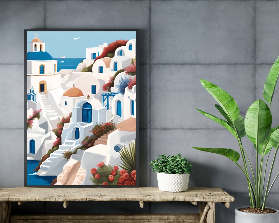 Santorini Blue Dome Church Steps Roses Greece Island Village Poster - Image 2