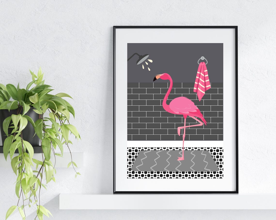 Flamingo In The Shower Flamingo In The Bathroom Print Animal In Bathroom White Bathroom Print Wild Animal In Shower Funny Animal Print - Image 3