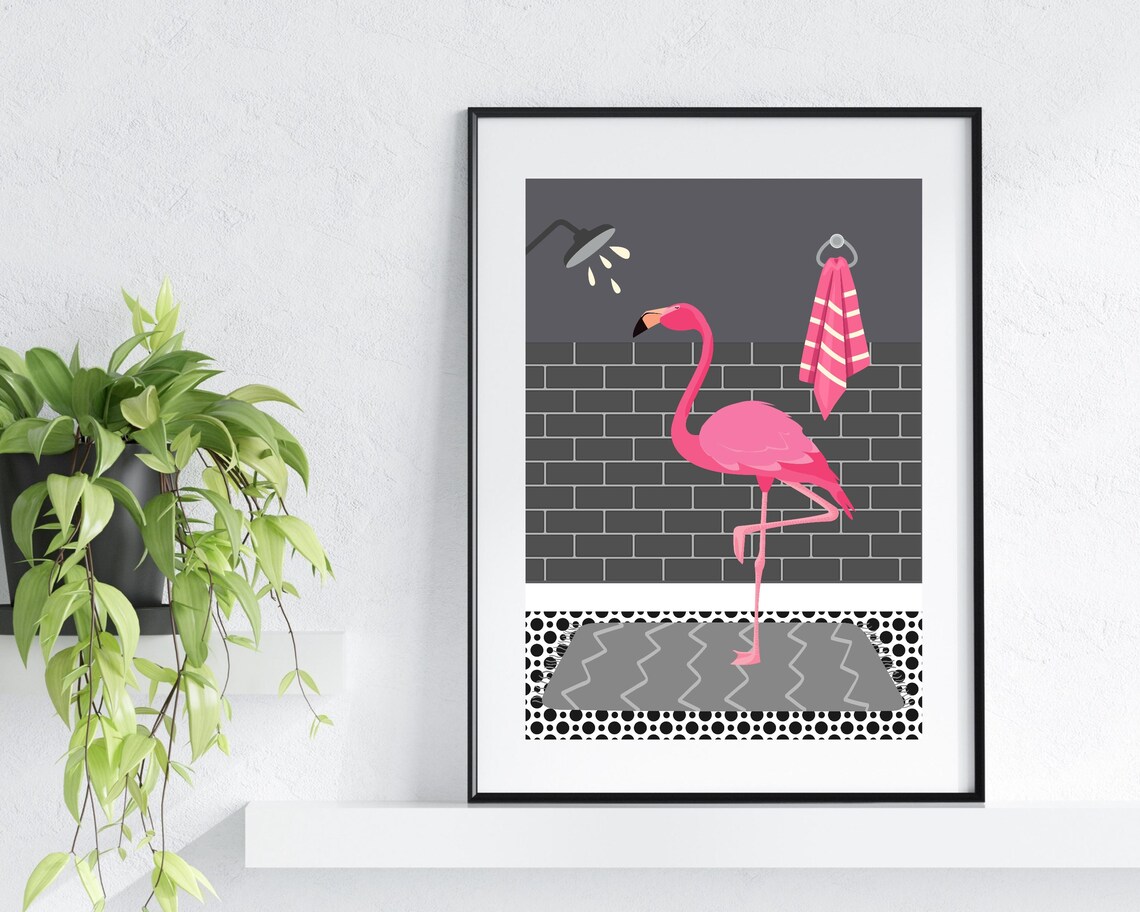 Pink Flamingo Showering In A Grey Brick Bathroom Fun Wall Art - Image 3