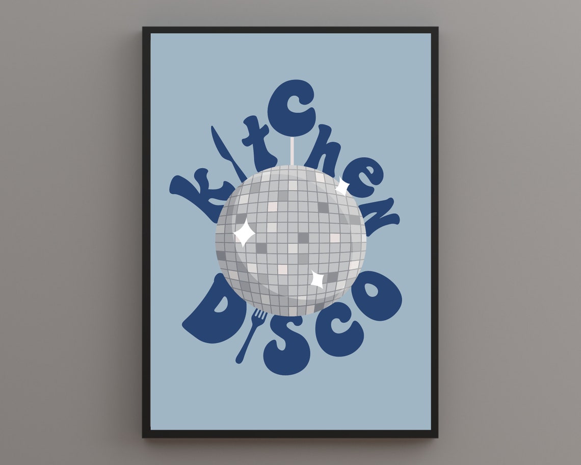Kitchen Disco Navy Groovy Disco Ball Retro Blue Kitchen Poster