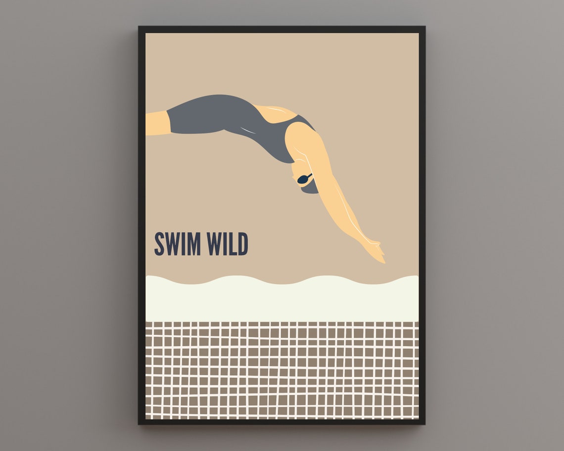 Swim Wild Diver Minimalist Beige Quote Open Water Swimming Poster