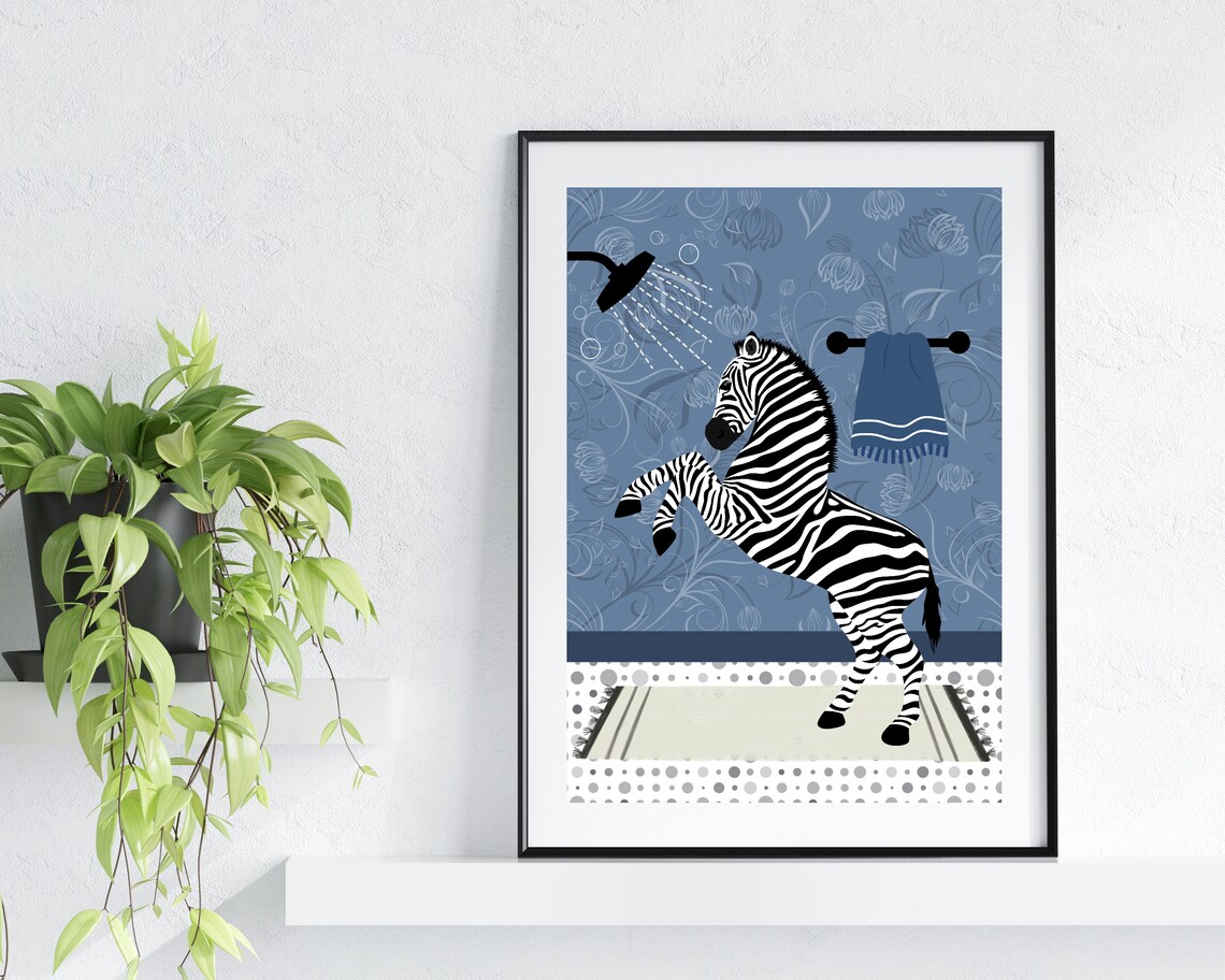 Zebra Showering In A Blue Floral Bathroom Funny Animal Poster - Image 3