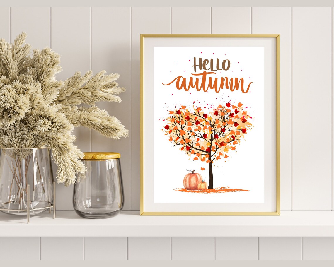 Hello Autumn Heart Tree With Pumpkins Seasonal Watercolor Poster - Image 2