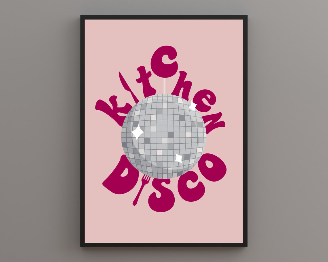 Kitchen Disco Magenta Groovy Disco Ball Retro Pink Kitchen Poster