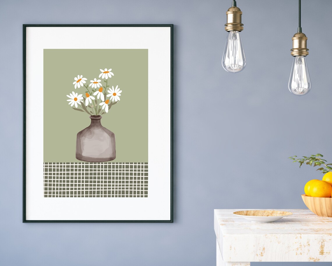 White Daisies In Glass Vase Calm Sage Green Botanical Poster - Image 2