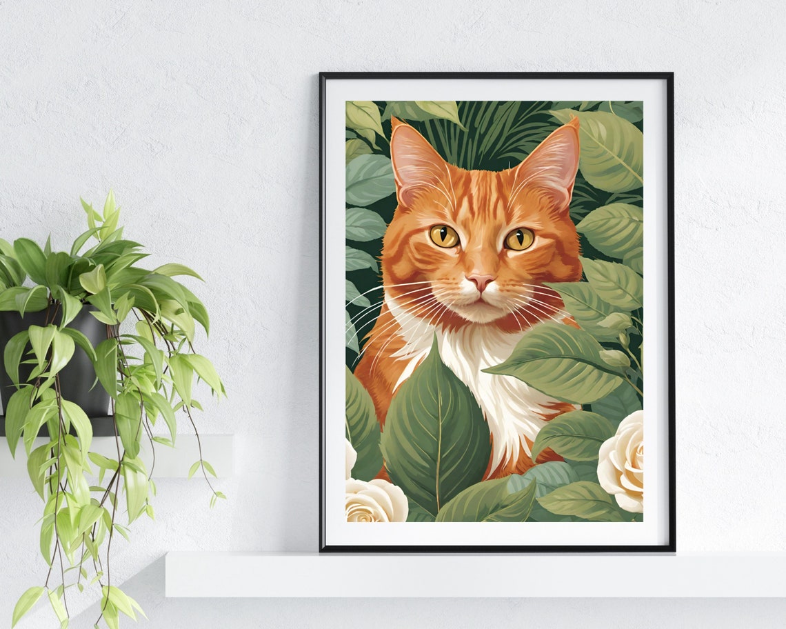 Ginger Cat With Golden Eyes Among Leaves and White Roses Poster - Image 2
