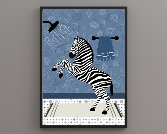 Zebra Showering In A Blue Floral Bathroom Funny Animal Poster
