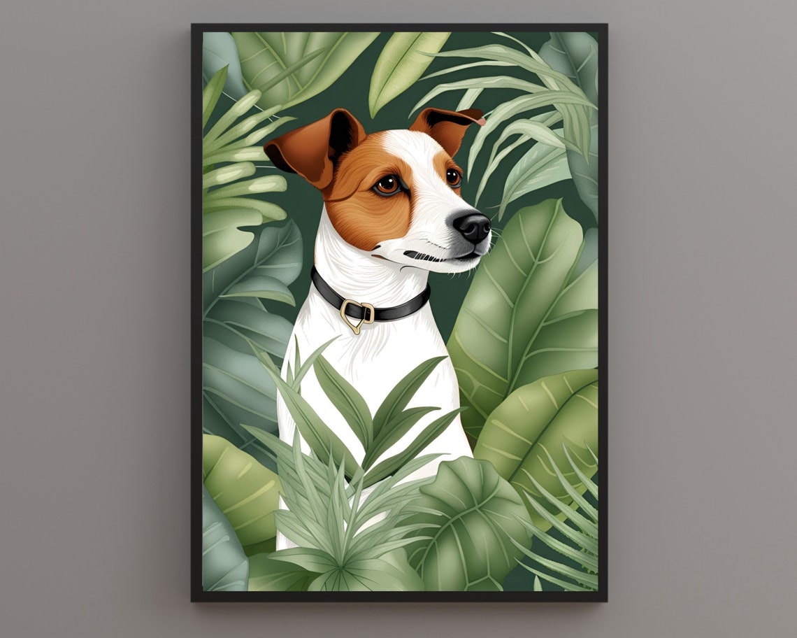 Jack Russell Terrier Peeking Through Lush Tropical Leaves Poster