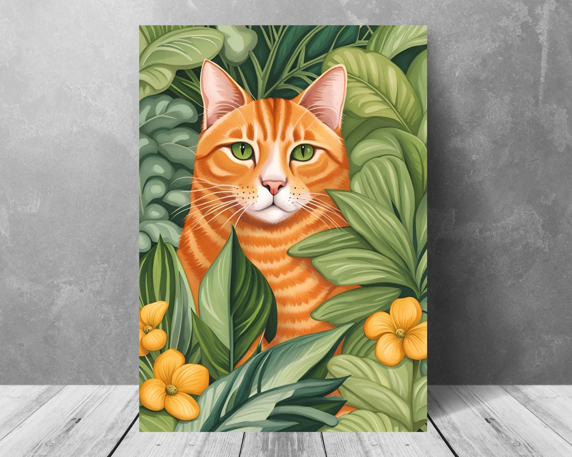 Ginger Tabby Cat With Green Eyes Among Botanical Leaves Poster - Image 3