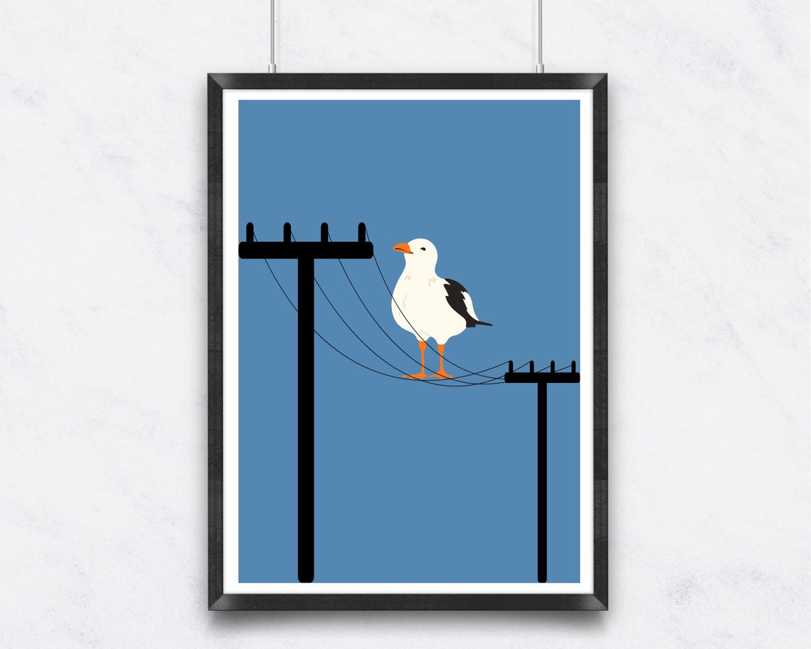 Seagull Perched on Telephone Wires Against a Calm Blue Sky Poster - Image 2
