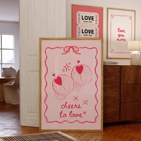 Cute Valentines Day Bar Cart Decor Cheers To Love Poster Print Pink Red Preppy Wall