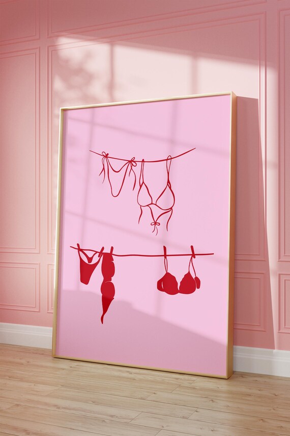 Red Bikini Clothesline Pink Coquette Girly Swimwear Room Decor Art Print