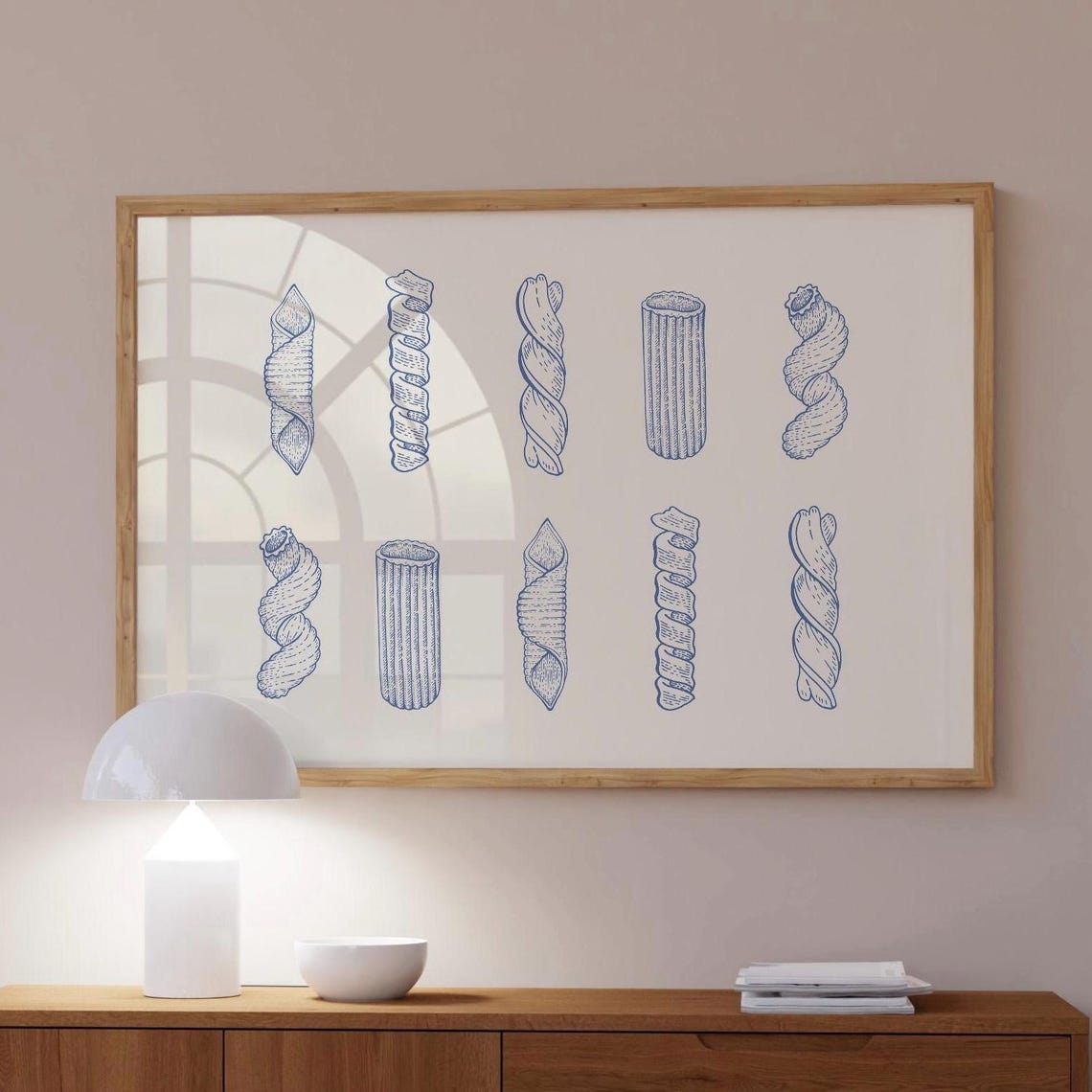 Retro Trendy Print Blue Kitchen Wall Art Pasta Poster Decor Food Illustration