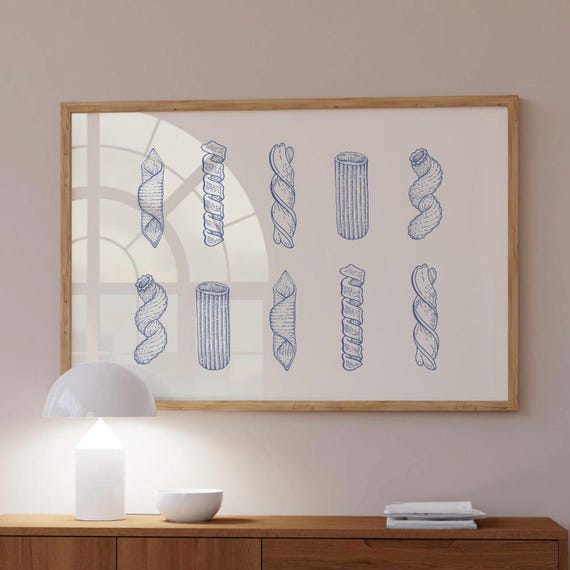 Retro Trendy Print Blue Kitchen Wall Art Pasta Poster Decor Food Illustration