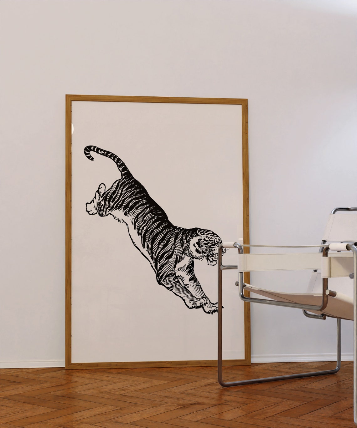 Leaping Tiger Black Ink Illustration Detailed Stripe Trendy Wall Art - Image 2