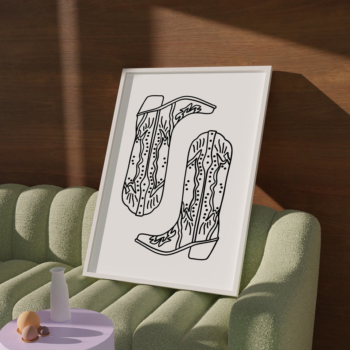 Minimalist Cowboy Boots Line Drawing Black White Western Poster - Image 3