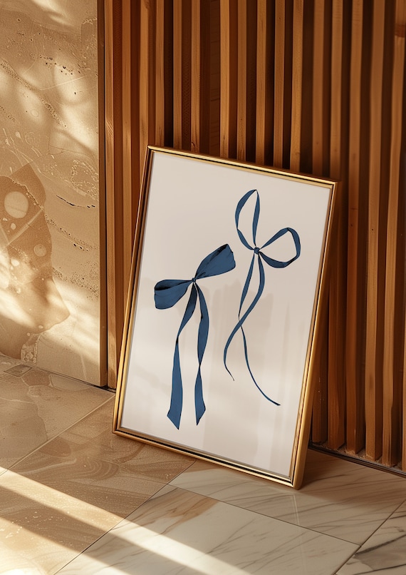 Navy Blue Ribbon Bow Watercolor Minimalist Art Poster Nursery Decor