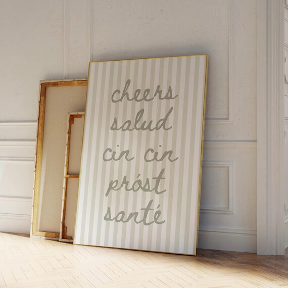 Cheers Salud Cin Cin Prost Santé Script Striped Bar Quote Poster