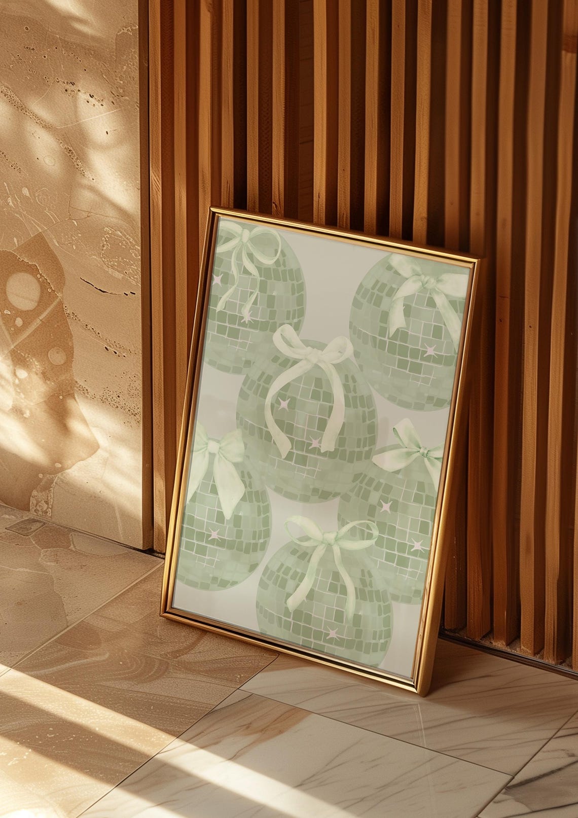 Sage Green Disco Ball With White Bows Trendy Aesthetic Party Wall Art - Image 3