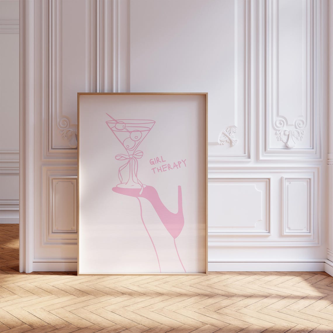 Girl Therapy Pink Martini Line Art Girly Cocktail Wall Poster - Image 3