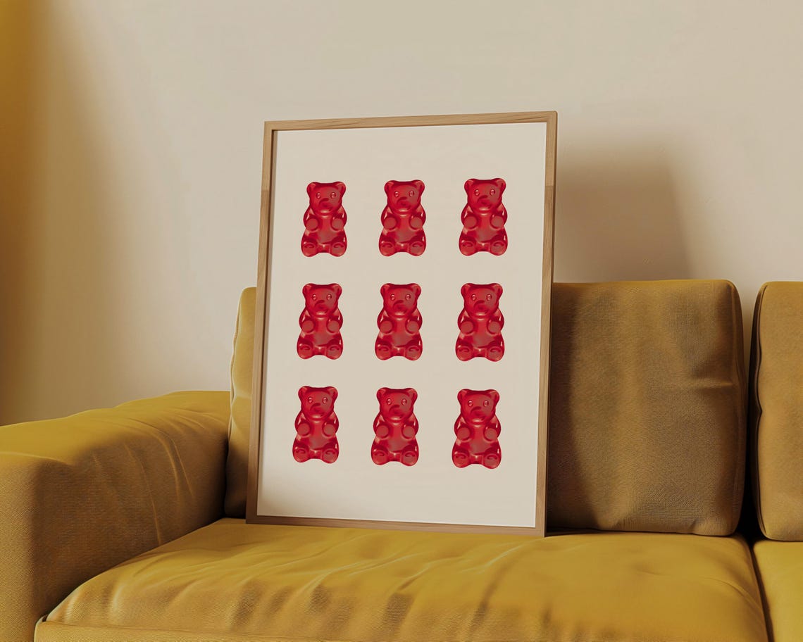 Nine Glossy Red Gummy Bears Grid Fun Pop Candy Kids Trendy Poster - Image 2