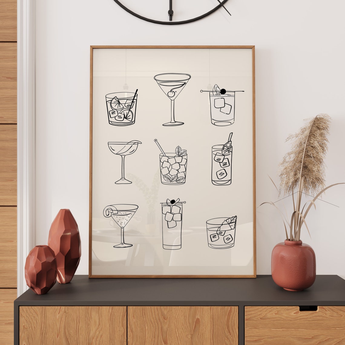 Black And White Cocktail Illustrations Minimalist Bar Cart Art Print