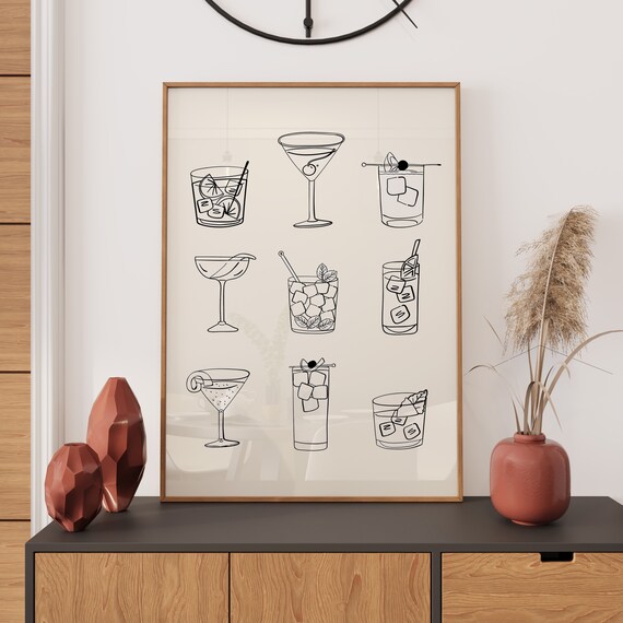 Black And White Cocktail Illustrations Minimalist Bar Cart Art Print