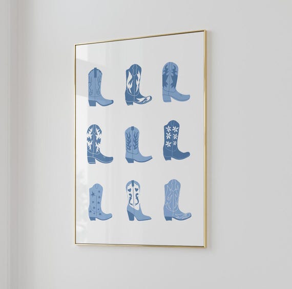 Navy Blue Wall Art Aesthetic Wall Art Trendy Wall Art Blue Art Print Aesthetic Room Decor Dorm Wall Art Cowgirl Boot Print Cowboy Boots