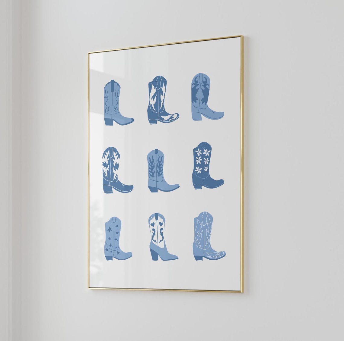 Navy Blue Cowboy Boots Nine Grid Western Trendy Aesthetic Poster