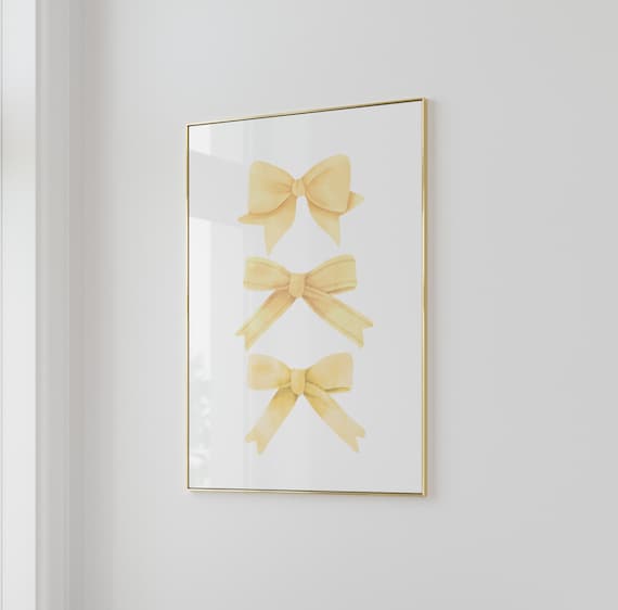 Yellow Watercolor Ribbon Bows Trio Vertical Coquette Wall Art
