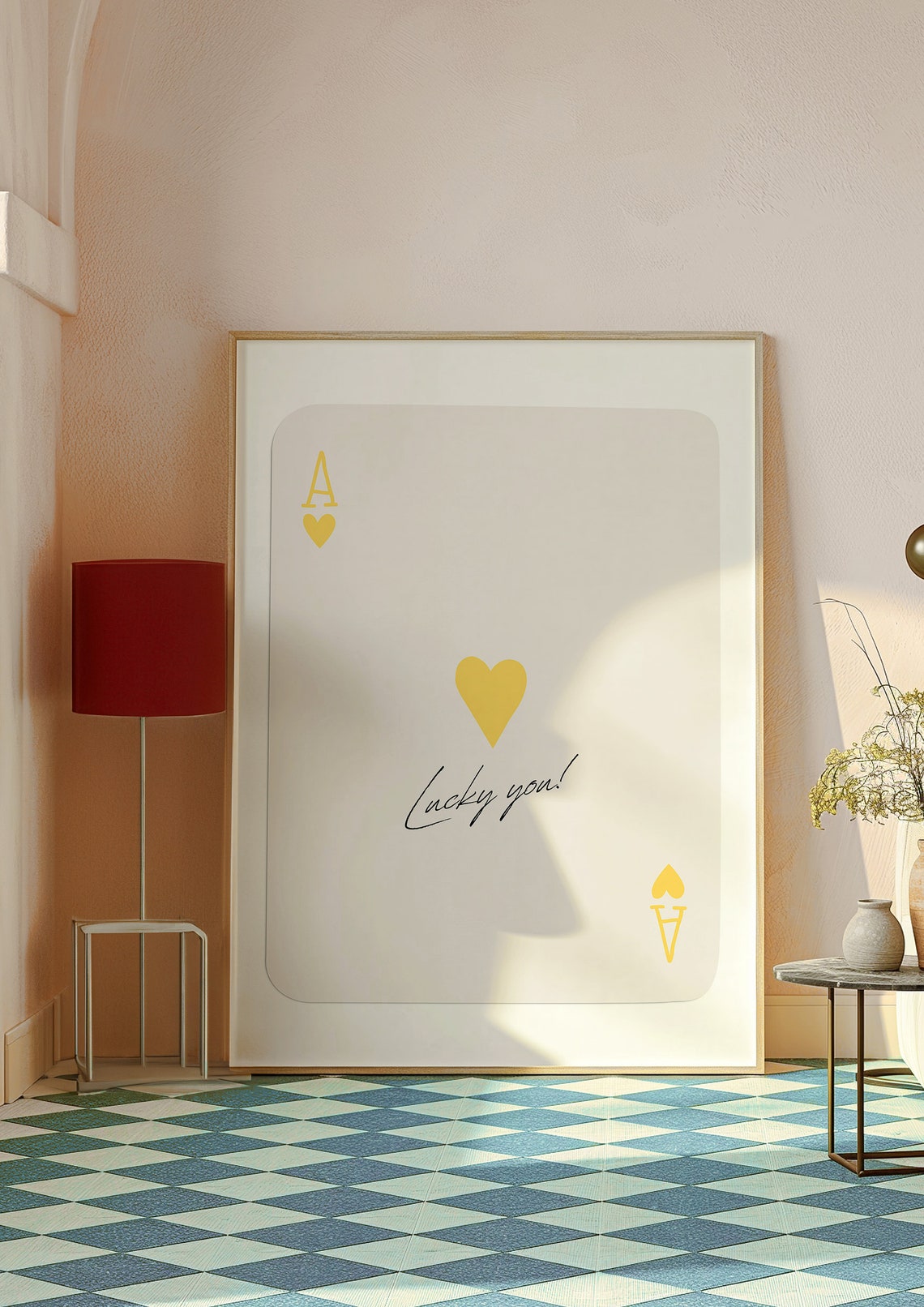 Ace of Hearts Lucky You Script Yellow Minimalist Aesthetic Poster