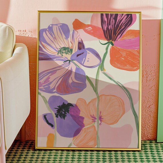 Pastel Poppy Flowers Purple Pink Orange Modern Botanical Art Poster