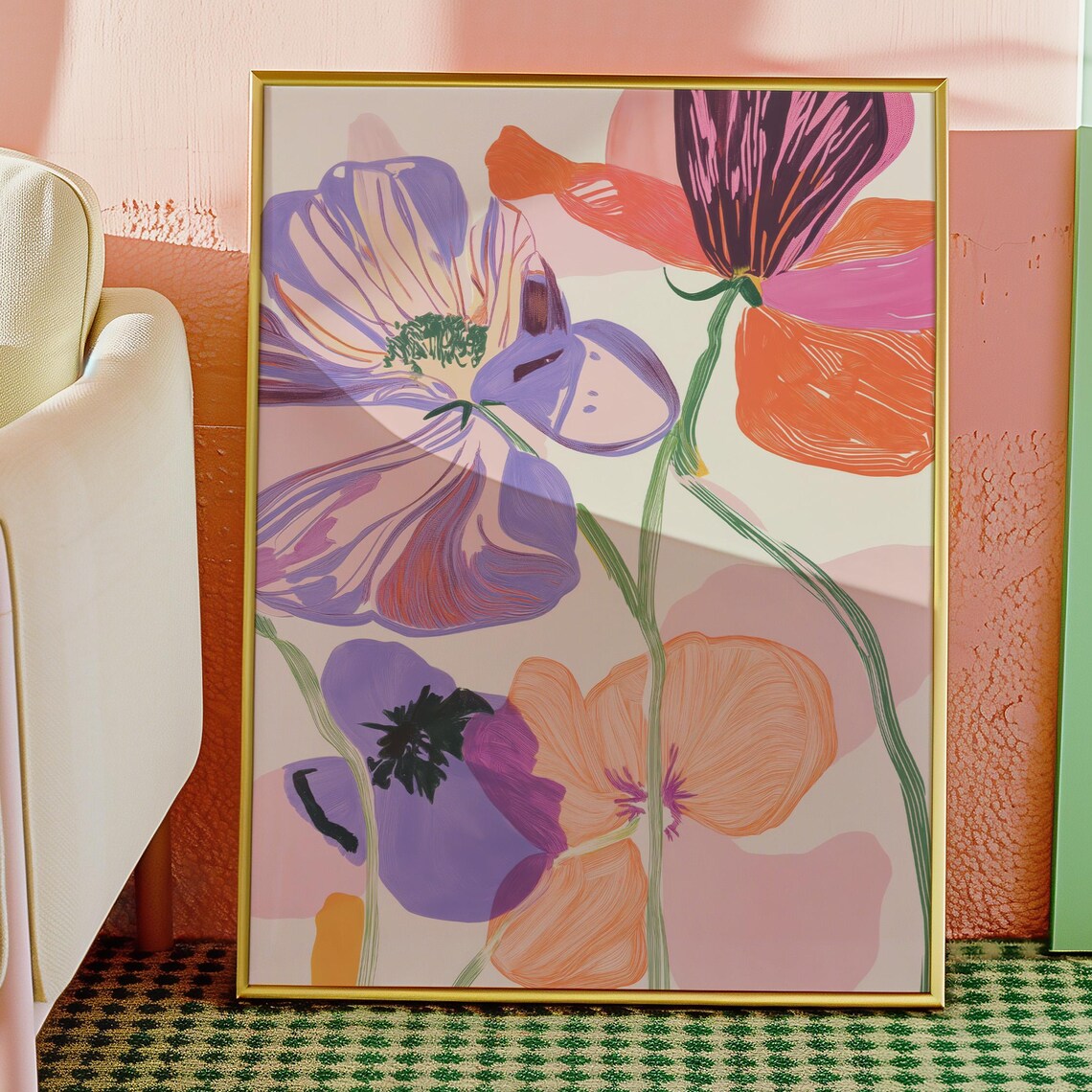 Pastel Poppy Flowers Purple Pink Orange Modern Botanical Art Poster