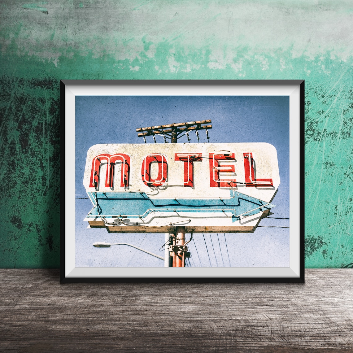 Vintage Red Neon Motel Sign with Blue Arrow Photography Poster