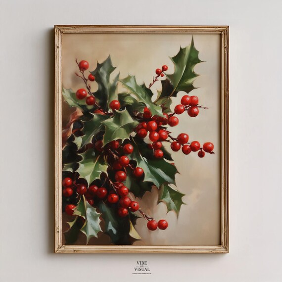 Vintage Holly Leaves Red Berries Botanical Holiday Art Poster
