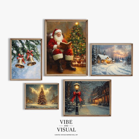 Vintage Christmas Santa Bells Cabin 5 Piece Holiday Gallery Wall Poster