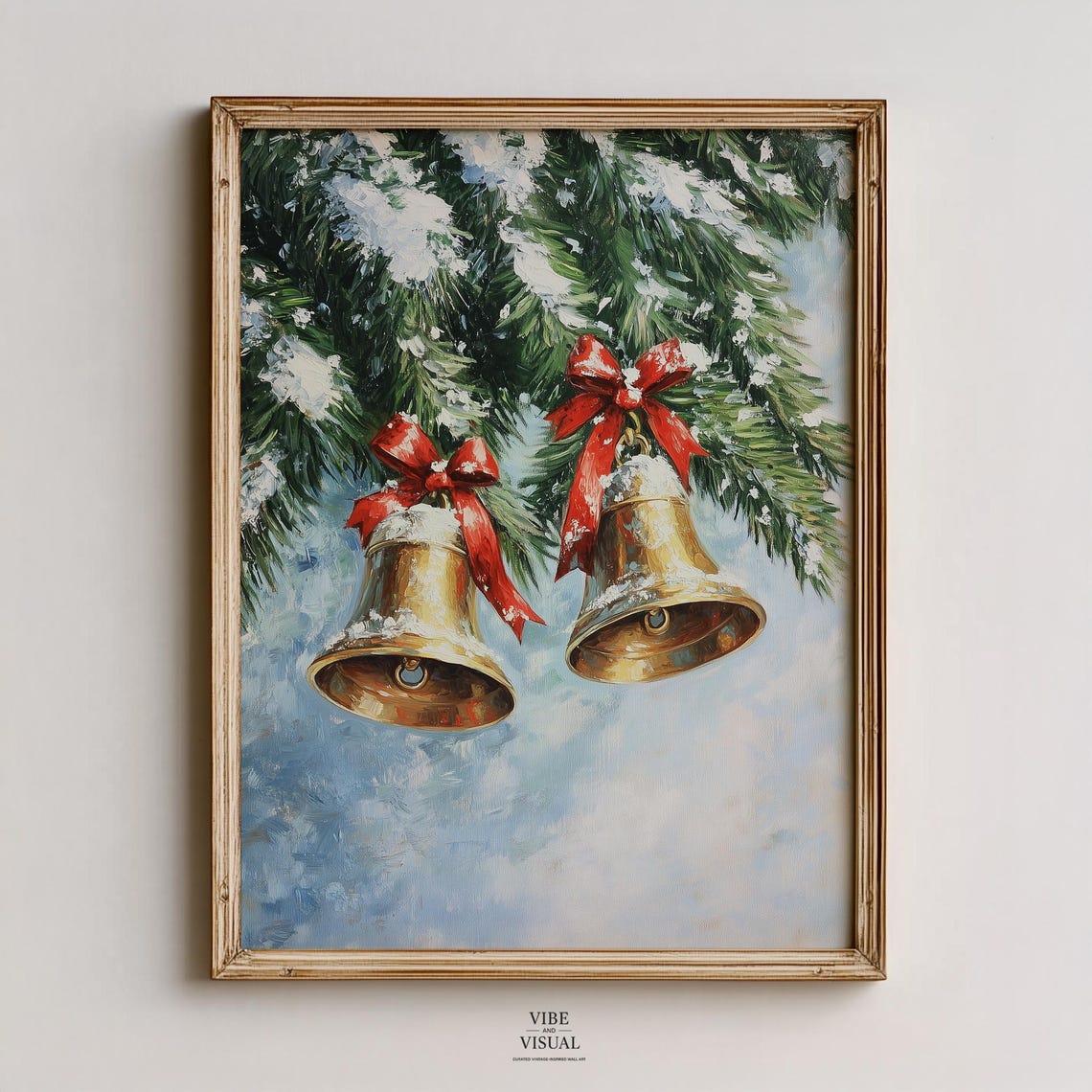 Golden Sleigh Bells Red Bows Snowy Evergreen Branch Vintage Art Poster