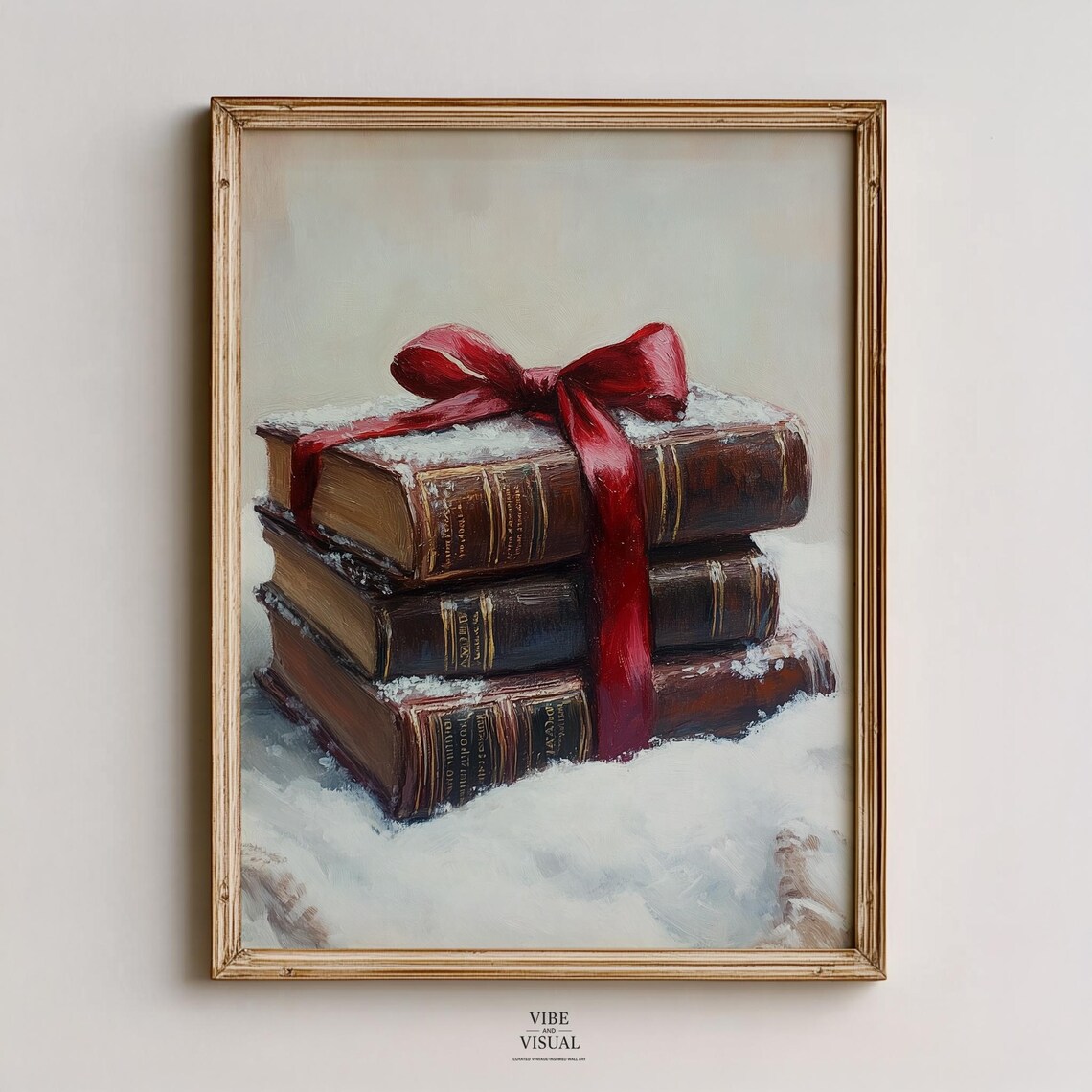 Vintage Books Red Ribbon Snow Classic Library Cozy Gift Art Poster