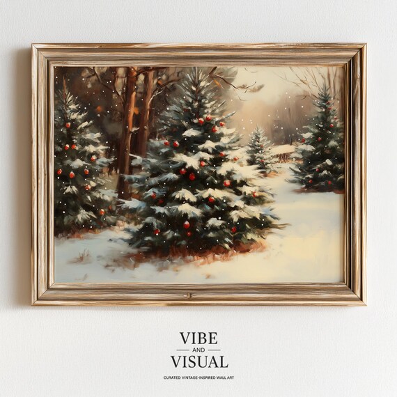 Snowy Winter Evergreen Trees Red Berries Painting Art Poster